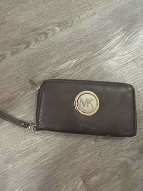 Michael Kors Brown Leather Wristlet Wallet with MK Logo